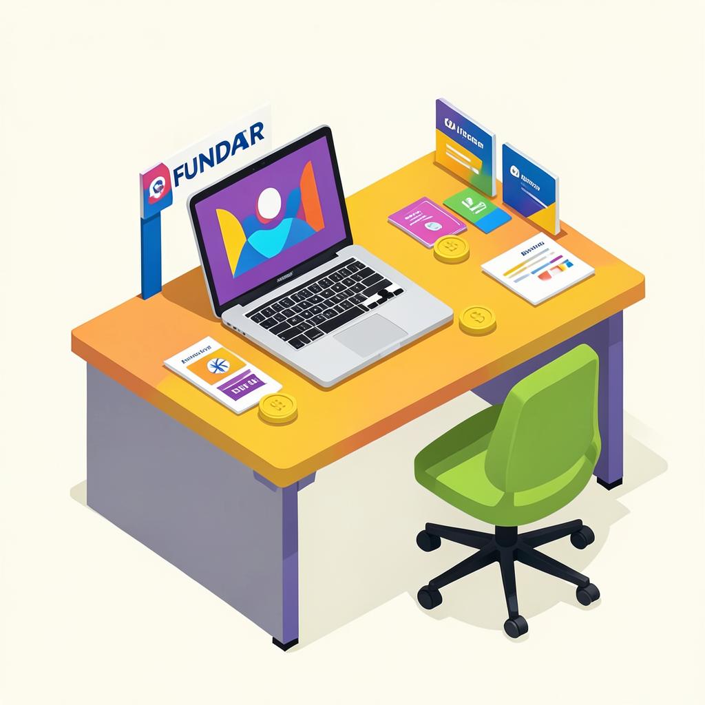 Isometric illustration of a solo founder's desk with laptop, content cards, and coins